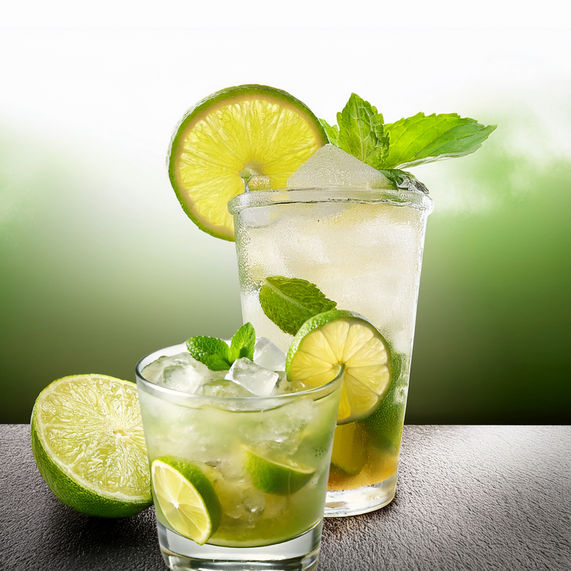 Tall and short glass of lime margarita with a chopped up lime