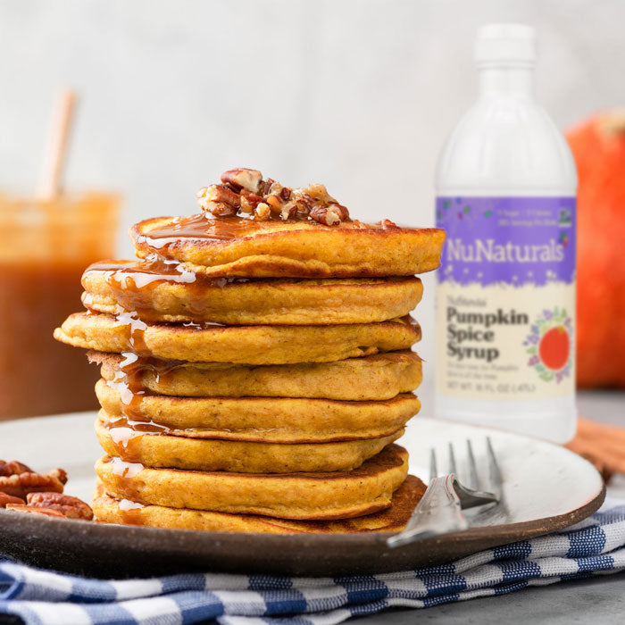 Stack of Pumpkin Spice Pancakes with NuNaturals 16 oz. Pumpkin Spice Stevia Sweetened Syrup 