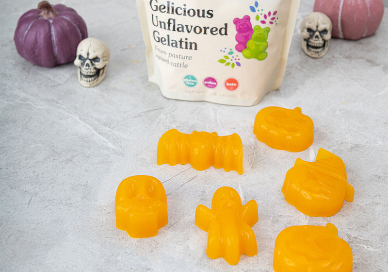 NuNaturals Gelicious Unflavored Gelatin and spooky gummy candies