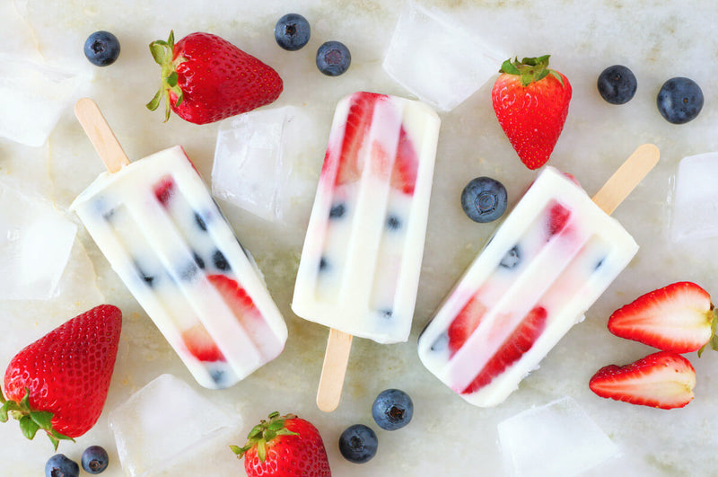 Red, White, & Blue Greek Yogurt Popsicles with Strawberries and Blueberries