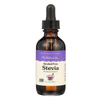 Alcohol-Free Stevia 2 oz amber dropper bottle, front label, on a white background