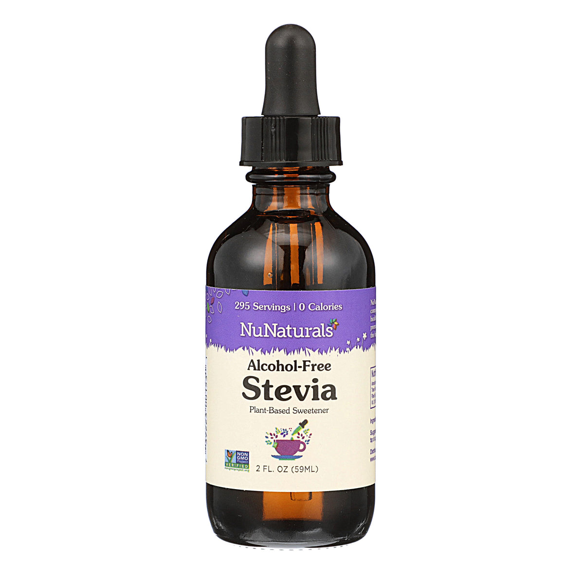 Alcohol-Free Stevia 2 oz amber dropper bottle, front label, on a white background