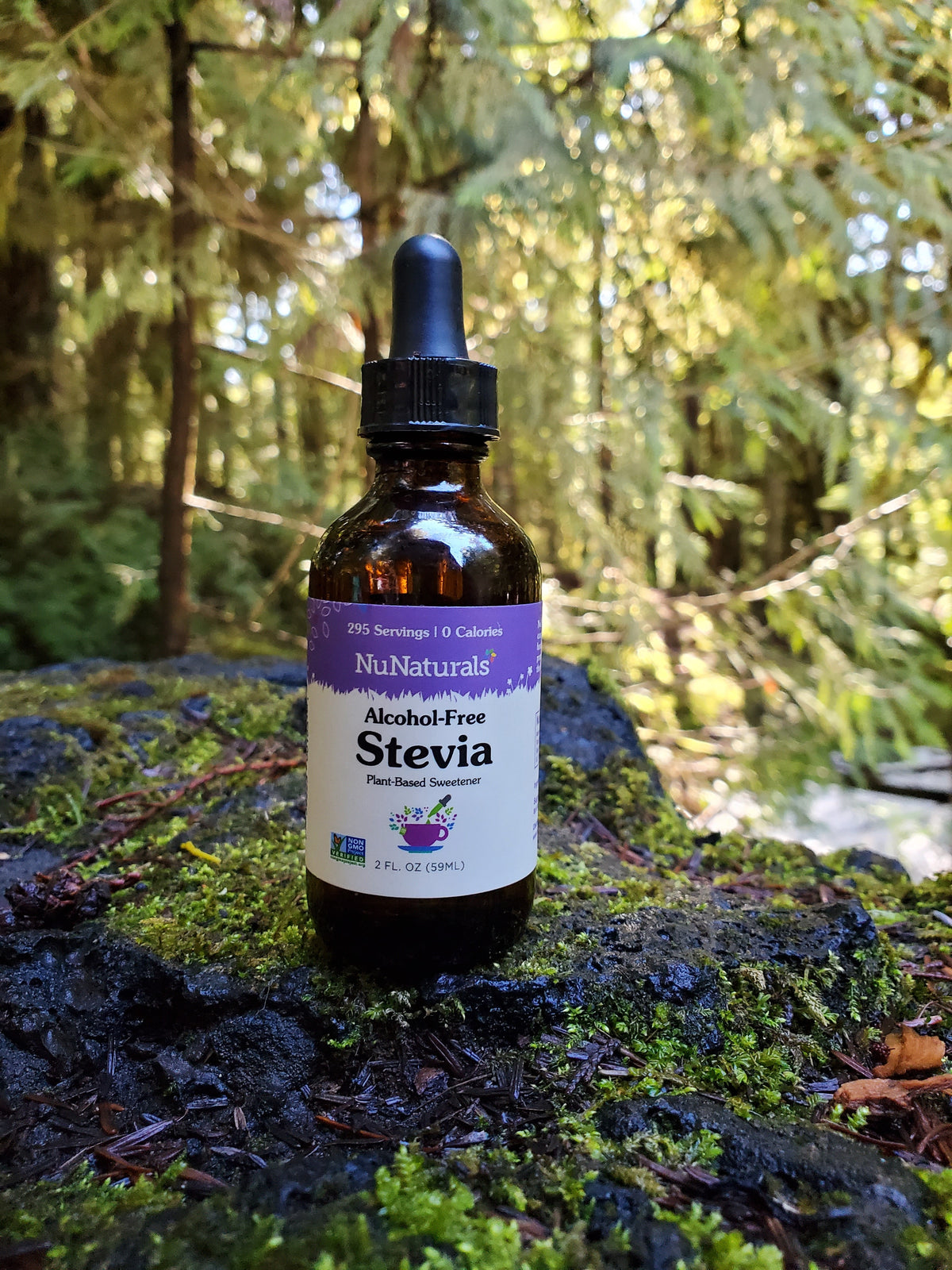 Alcohol-Free Stevia 2 oz dropper bottle resting on a mossy rock with evergreen trees behind