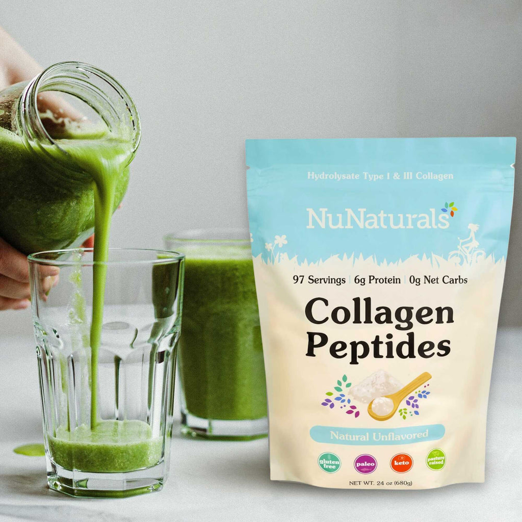 Collagen pouch beside a glass being filled with a green smoothie poured from a jar