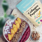Collagen Peptides pouch corner above a smoothie bowl topped with peach slices, granola, coconut and chia seeds