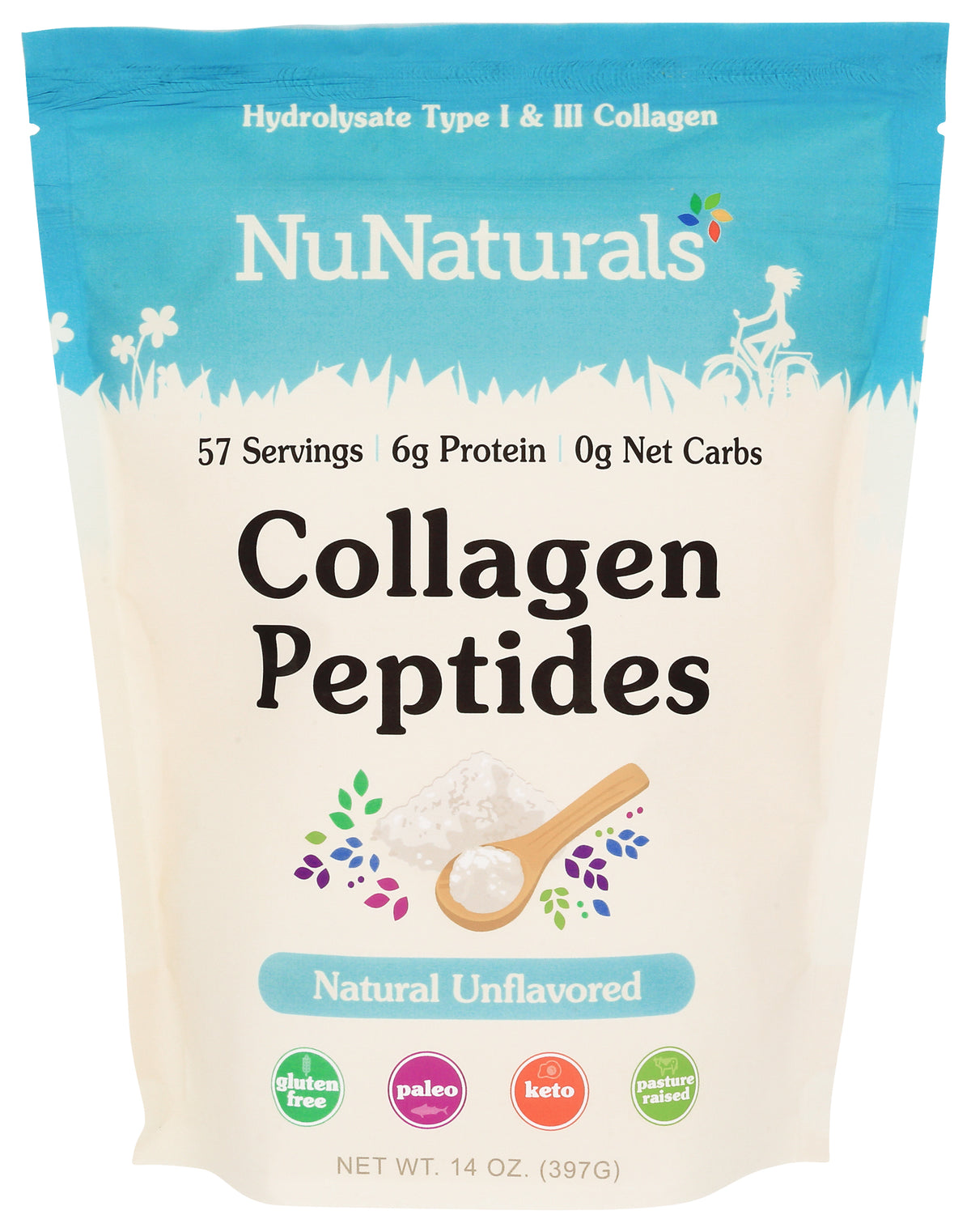 Collagen pouch, front label, with a spoon of powder on the pack, on a white background