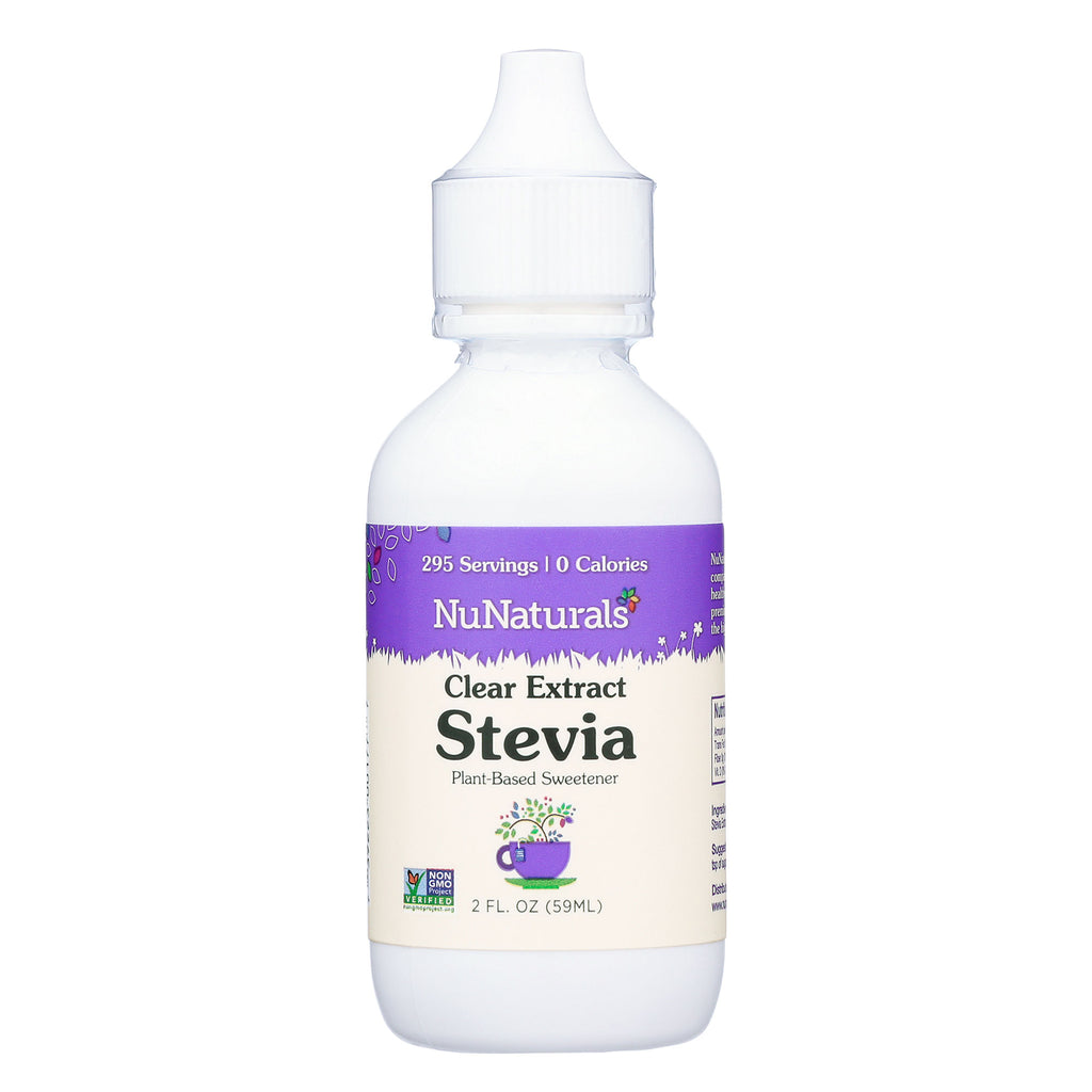Clear Extract Stevia 2 oz dropper bottle, front label, on a white background