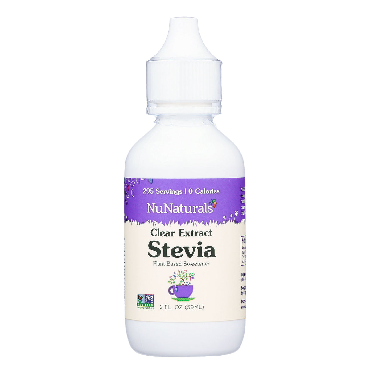 Clear Extract Stevia 2 oz dropper bottle, front label, on a white background