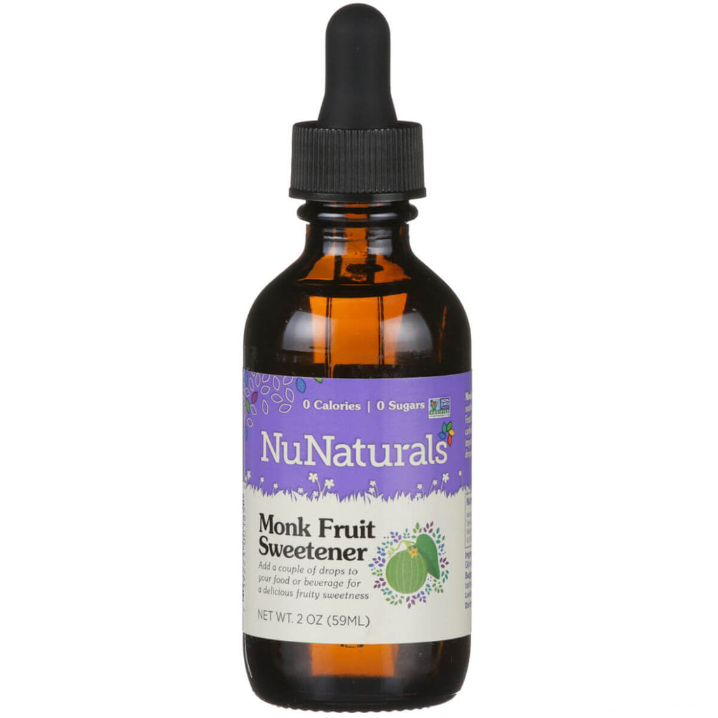 Monk Fruit Sweetener 2 oz amber dropper bottle, front label, on a white background
