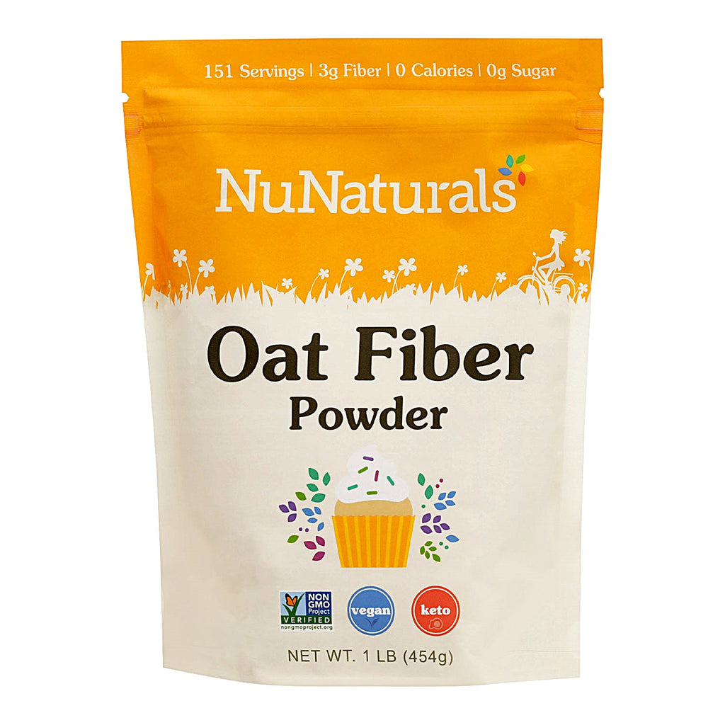 Oat Fiber pouch, front label, with a cupcake illustration on a white background