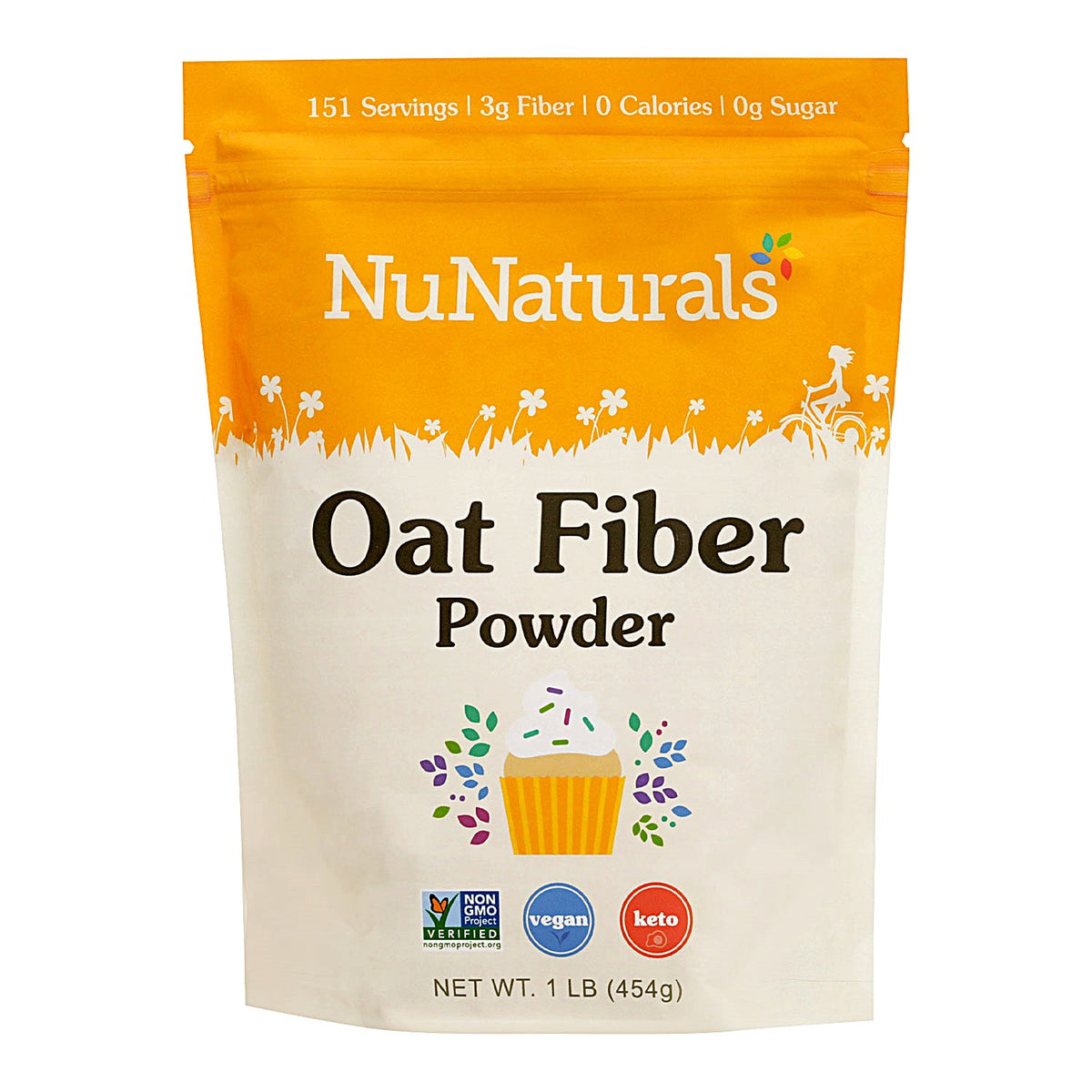 Oat Fiber pouch, front label, with a cupcake illustration on a white background