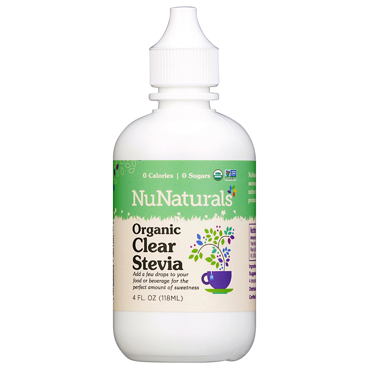 Organic Clear Extract Stevia 4 oz dropper bottle, front label, on a white background
