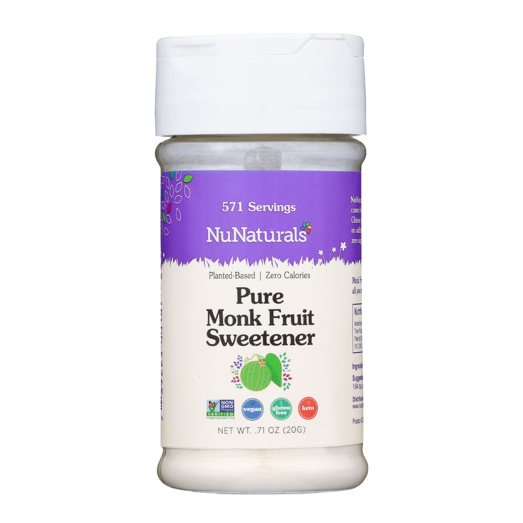 Pure Monk Fruit Sweetener .71 oz shaker jar, front label, on a white background