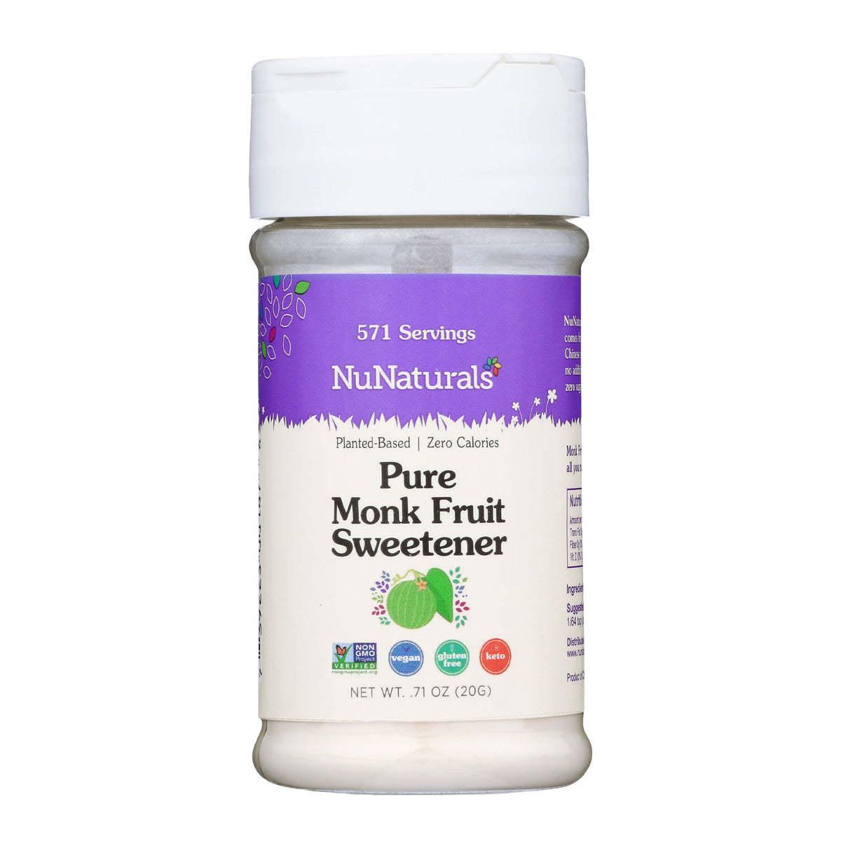 Pure Monk Fruit Sweetener .71 oz shaker jar, front label, on a white background
