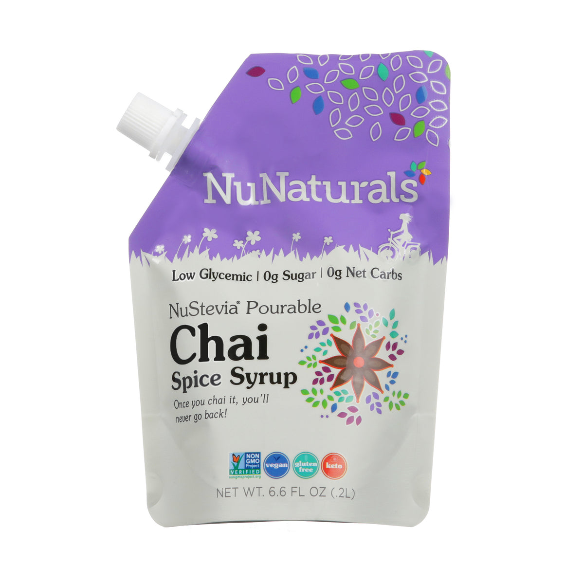 Chai Spice Syrup 6.6 oz pouch, front label, on a white background
