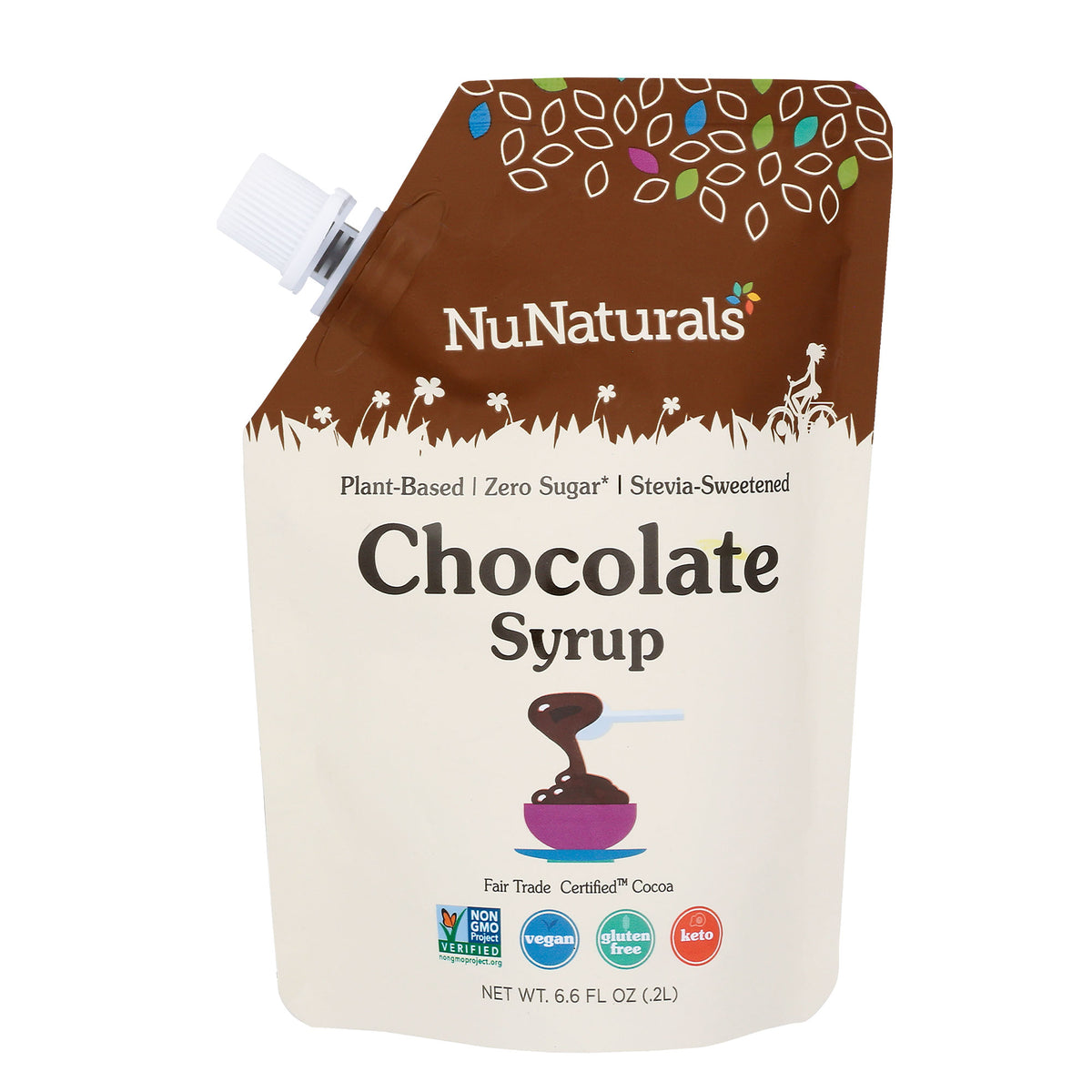 Chocolate Syrup 6.6 oz pouch, front label, on a white background