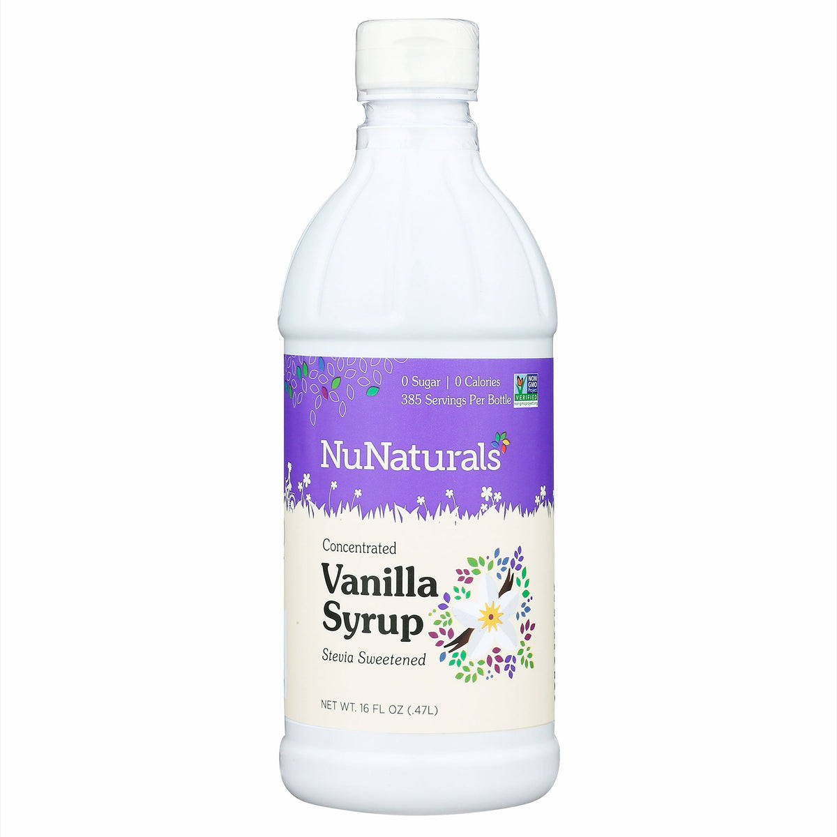 Vanilla Syrup 16 oz bottle, front label, on a white background