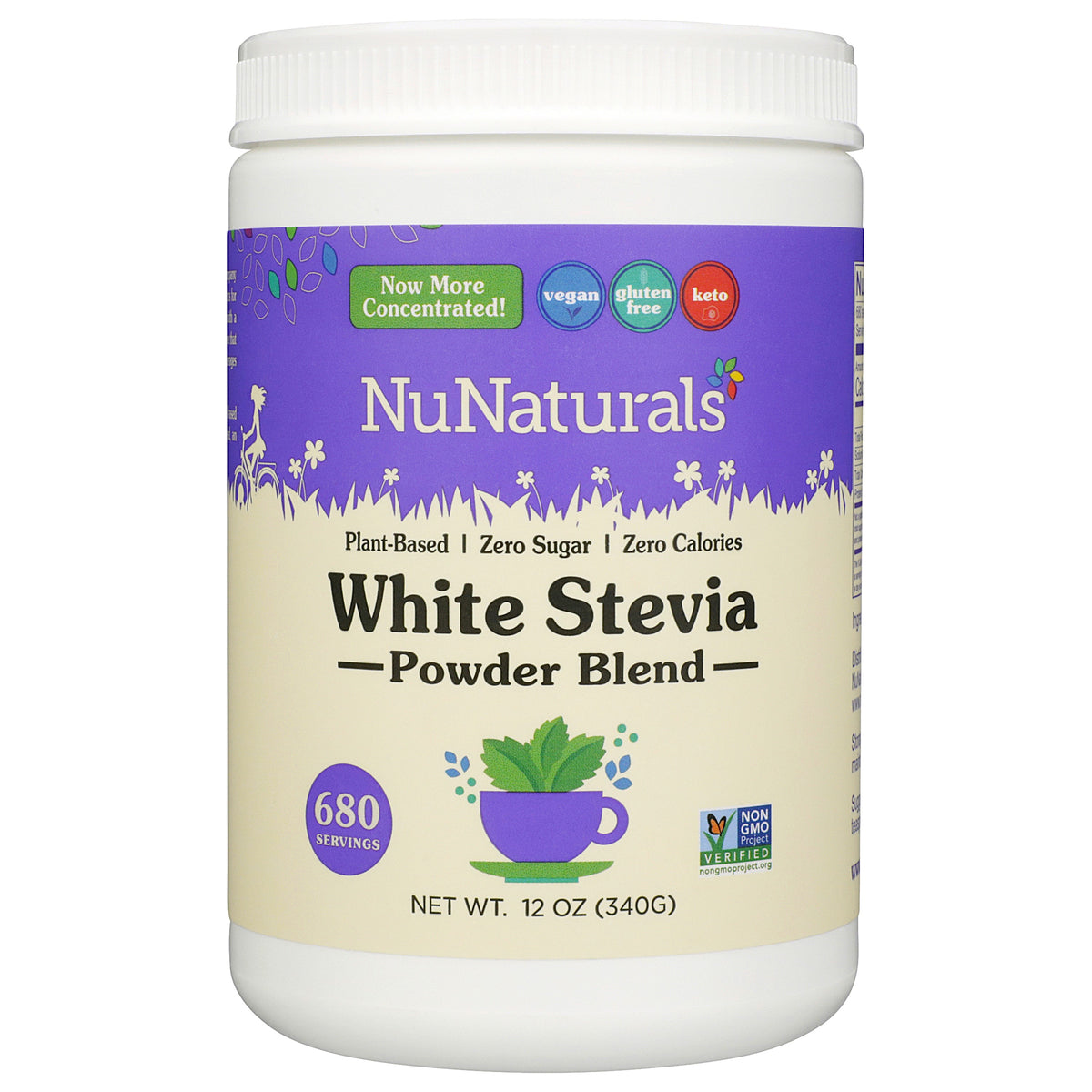 White Stevia Powder tub, front label, with a 680 servings badge, on a white background