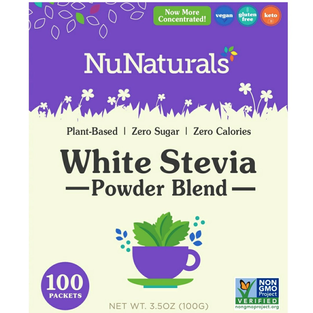 White Stevia Powder Blend Packets box, front label, 100 packets, on a white background