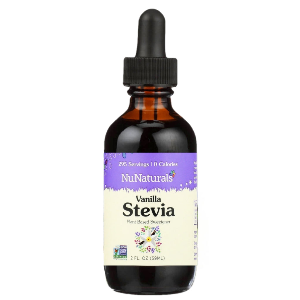 Vanilla Stevia 2 oz amber dropper bottle, front label, on a white background