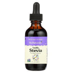 Vanilla Stevia 2 oz amber dropper bottle, front label, on a white background