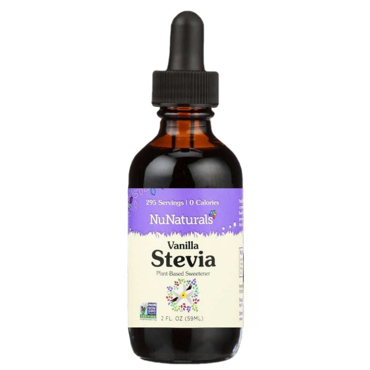 Vanilla Stevia 2 oz amber dropper bottle, front label, on a white background