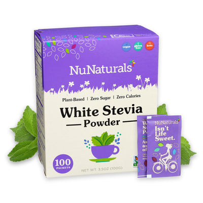 NuNaturals White Stevia Powder 100 Packets Front with Packets