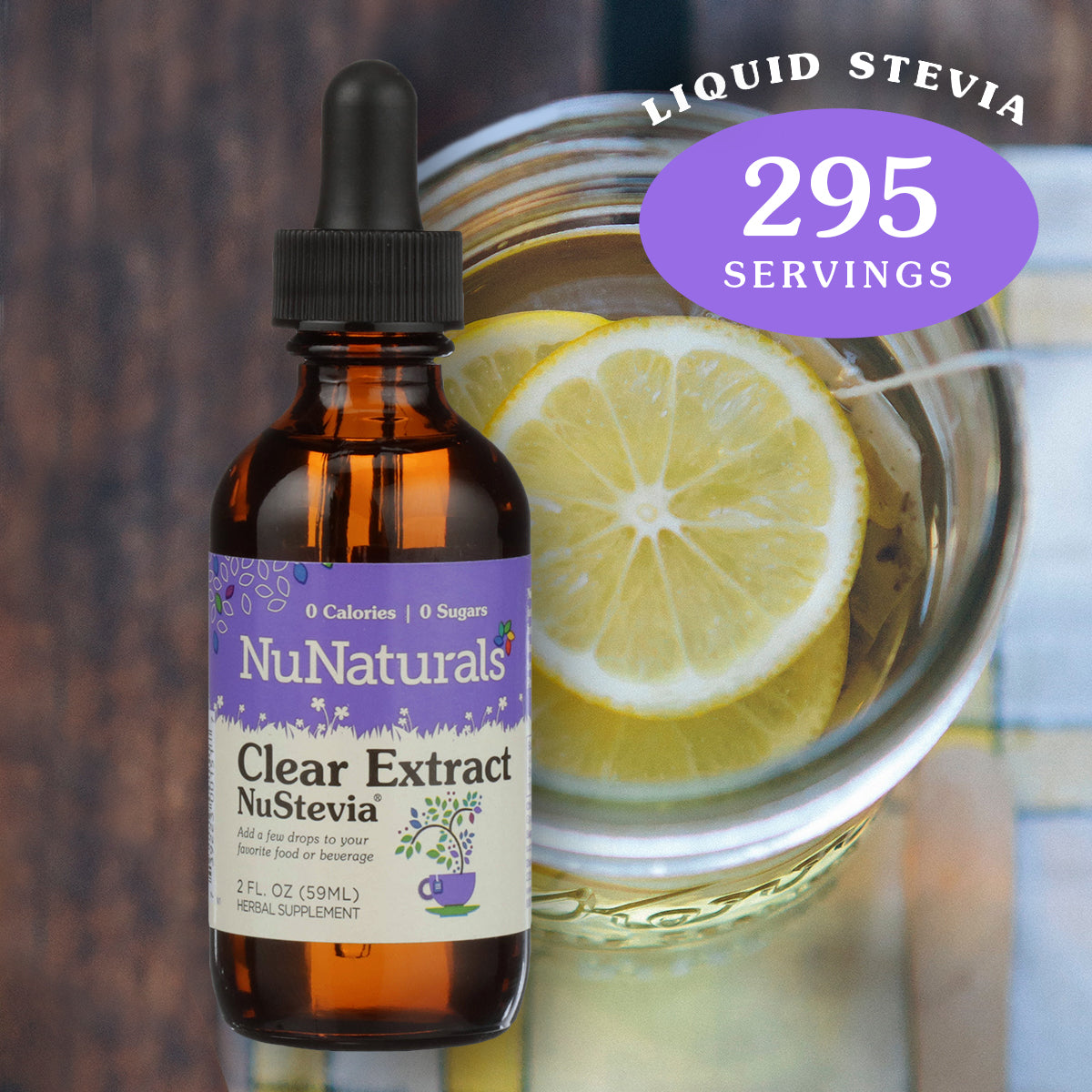 2 oz. NuNaturals Clear Extract Liquid Stevia with glass of iced tea with lemon