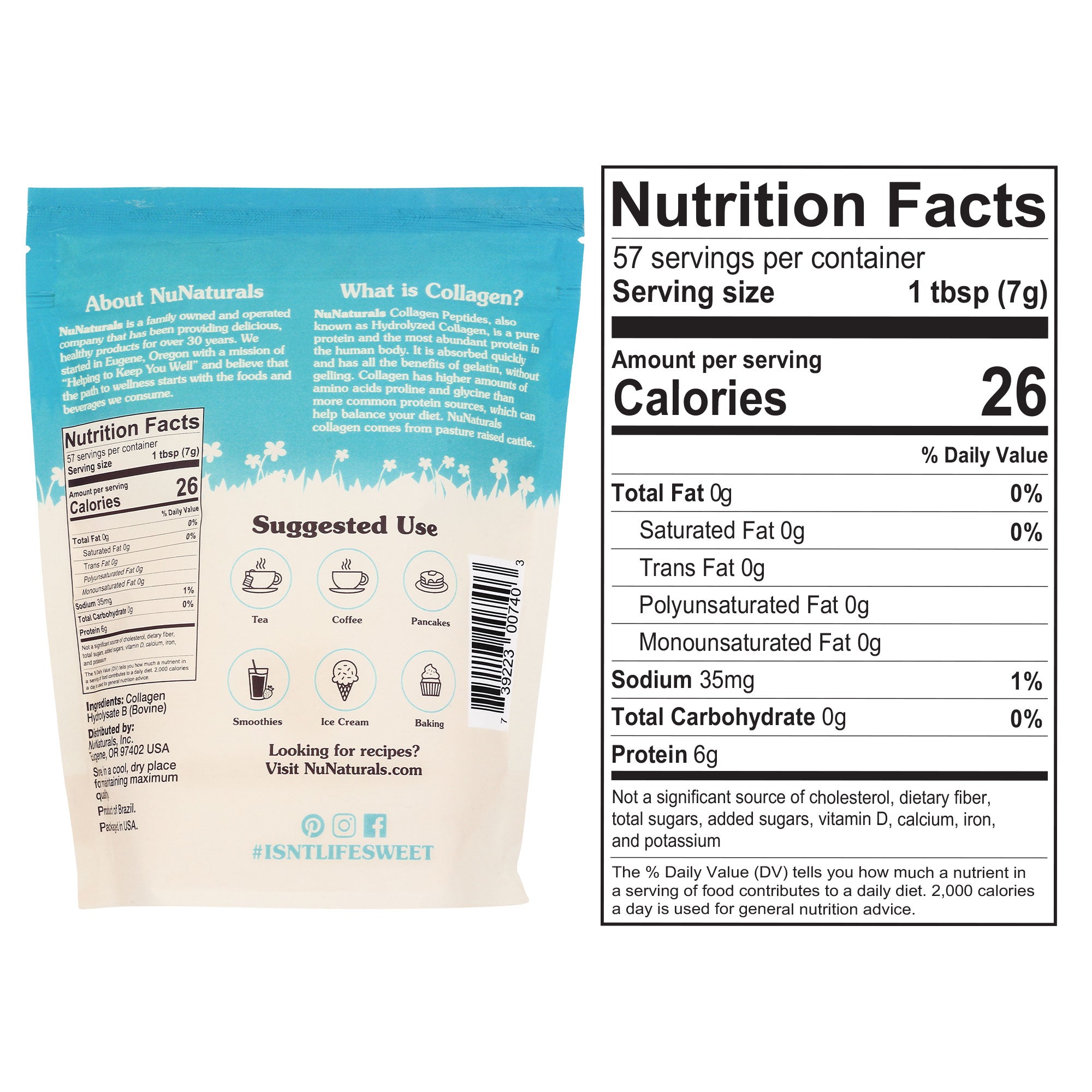 NuNaturals Natural Unflavored Collagen Peptides 14oz Pastured Raised Back of Bag and Nutrition Facts