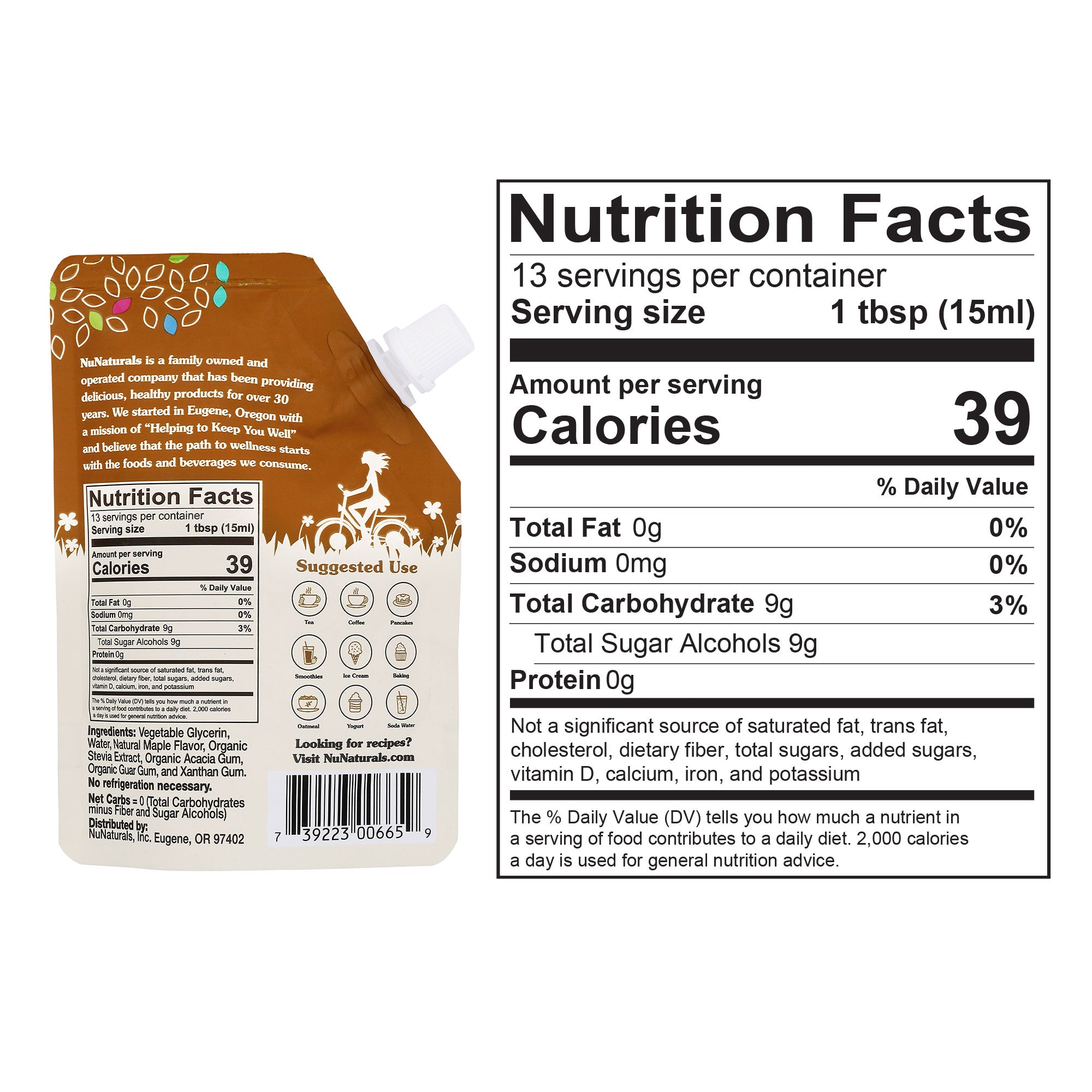 NuNaturals Maple Flavored Stevia Syrup 6.6 oz Nutrition Facts Panel