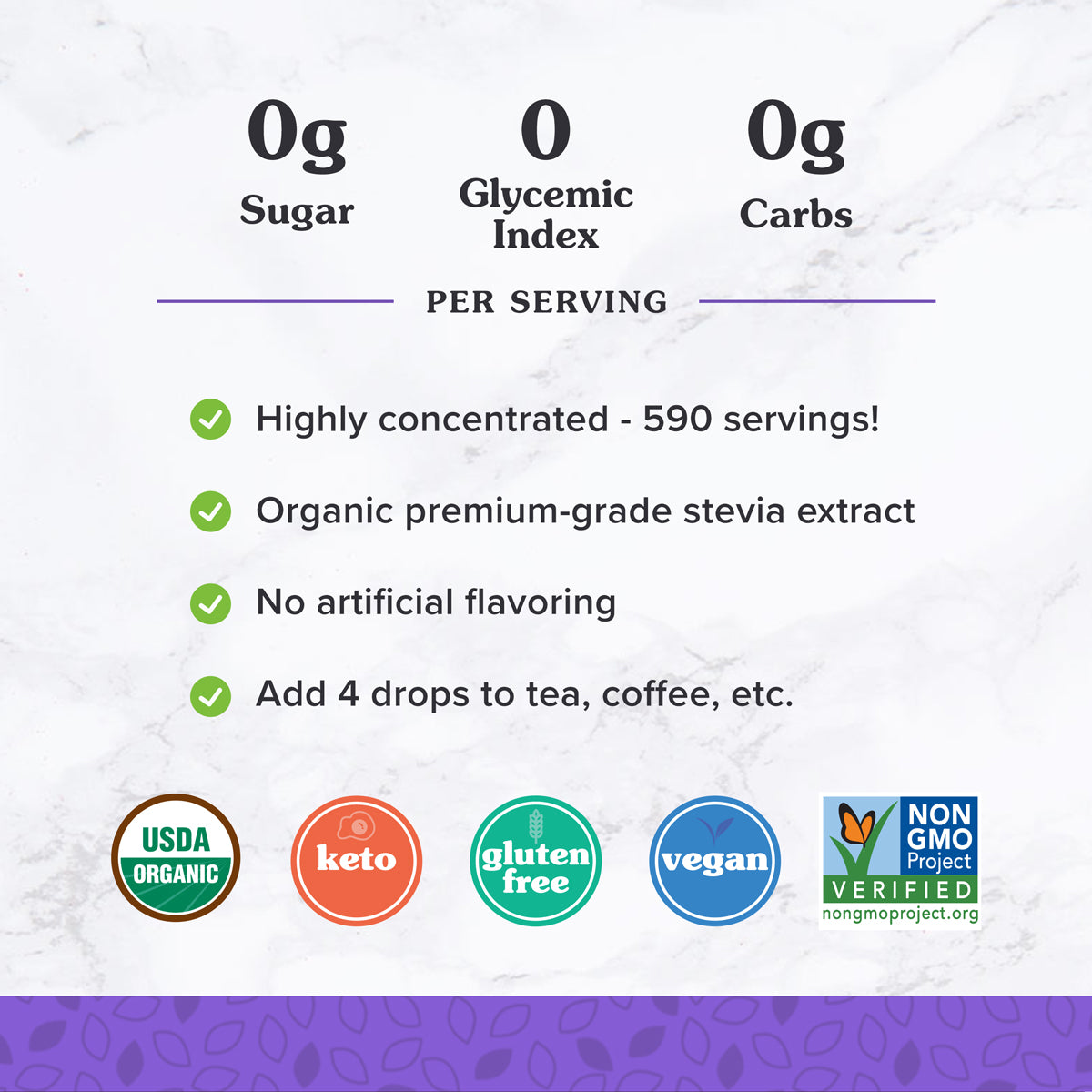 Serving Information and Certifications for 4 oz. NuNaturals Organic Clear Stevia Extract