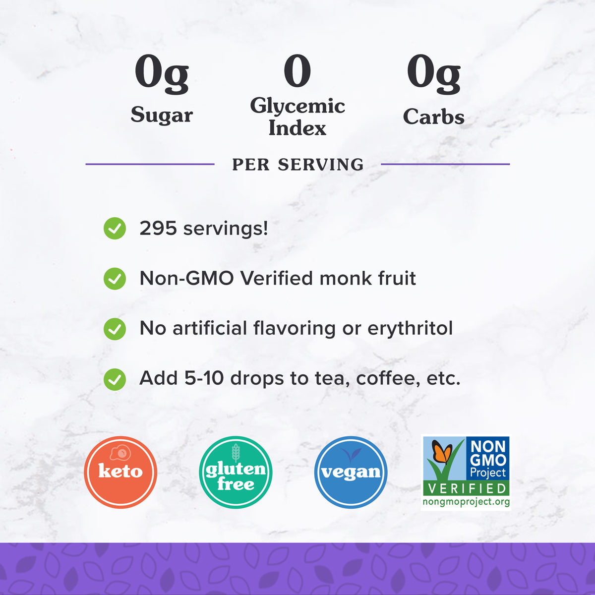 Serving Information and Certifications for 2 oz. NuNaturals Monk Fruit Sweetener